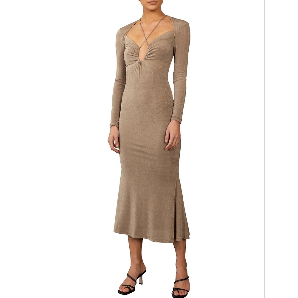 Jason Wu Long Sleeve Open Back Midi Bodycon Dress Taupe Brown New NWT Medium - Picture 2 of 16